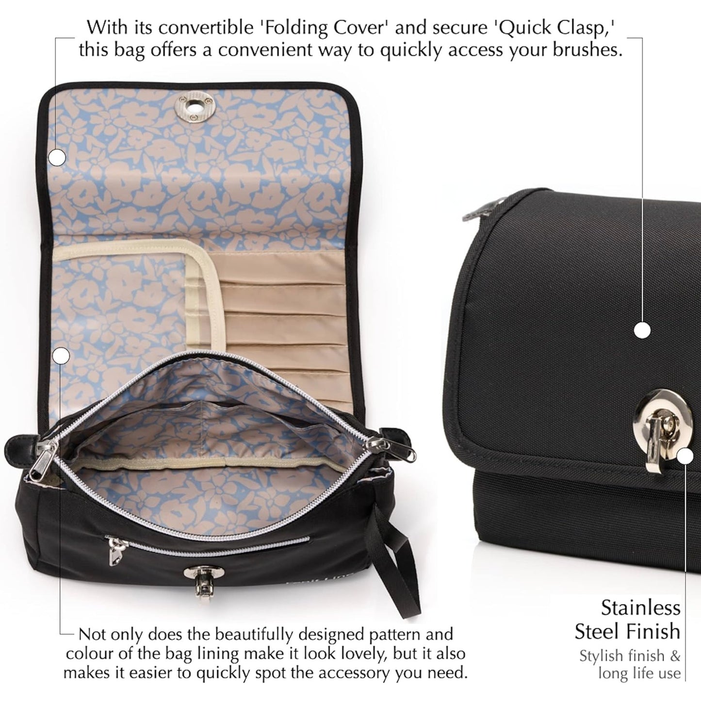 Fenit Line Makeup Bag with Reversible Flap, Portable Cosmetic Bag that Saves Space. Blend Your Makeup Brush Holder & Small Makeup Bag for Pu