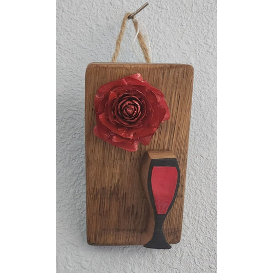 Wine Barrel Wood Sign Red Rose Red Wine Glass Wine Stave Stained Hanger