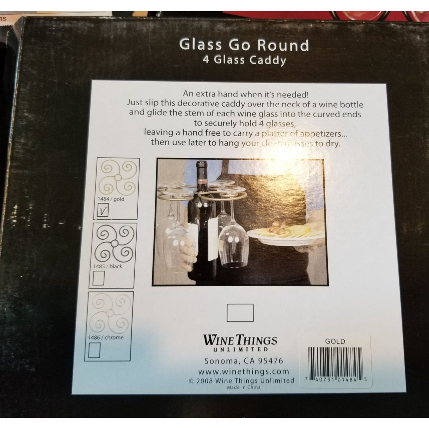 Wine Things Glass Go Round 4-Glass Decorative Caddy, Gold Goes over the Wine Bottle Holds 4 Wine Glasses