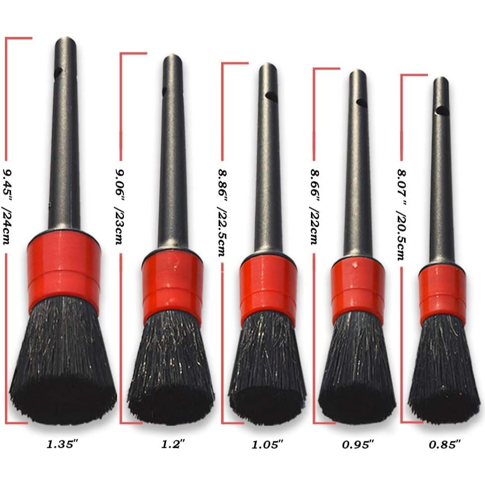 Detailing Brush Set -5 Different Sizes Premium Natural Boar Hair Mixed Fiber Plastic Handle Automotive Detail Brushes for Cleaning Wheels, E