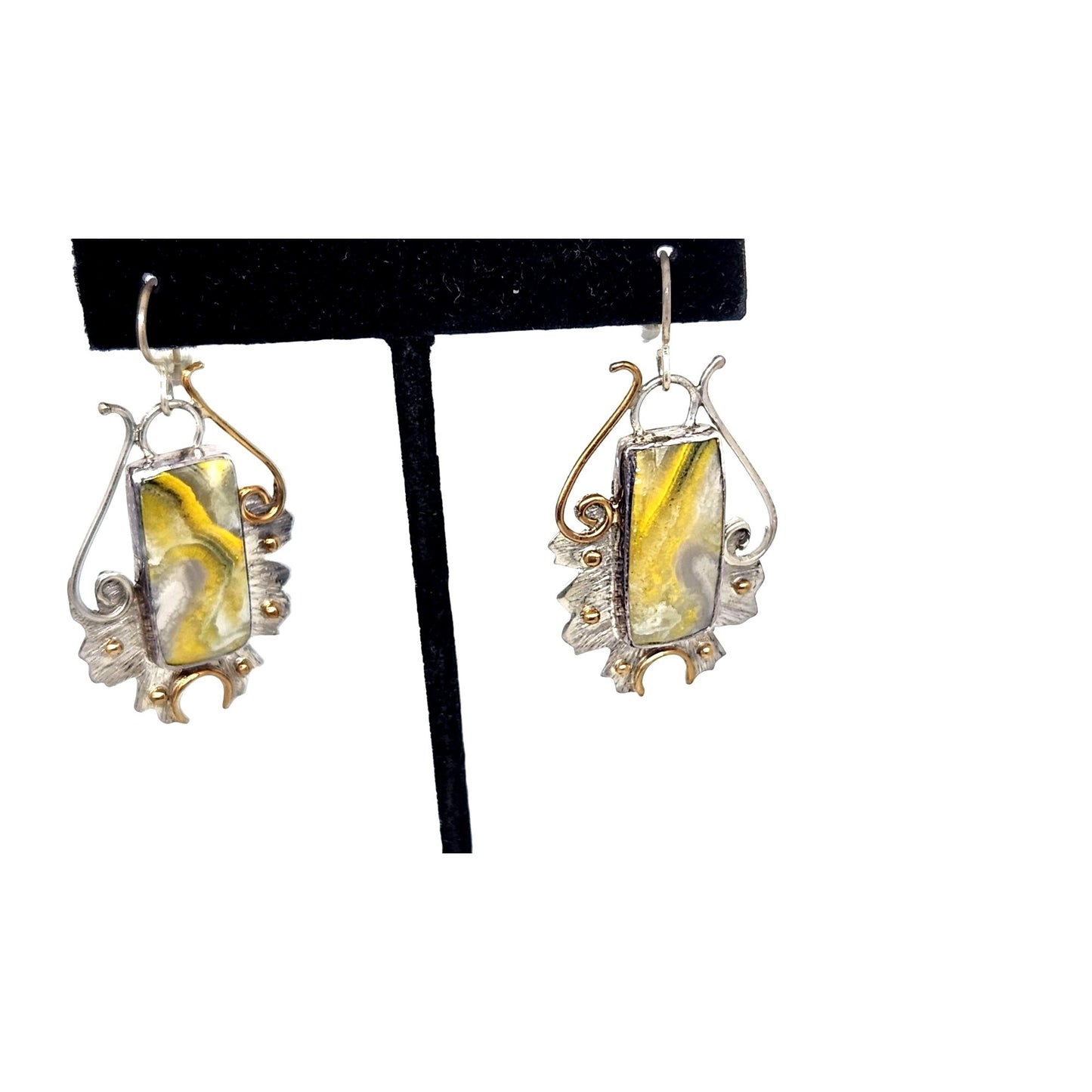 Earrings Bumble Bee Jasper 925 Silver 14K Gold 25mm x 10mm Silver Frame 40mm x 25mm Filigree Accents Top Hoop 20mm x 25