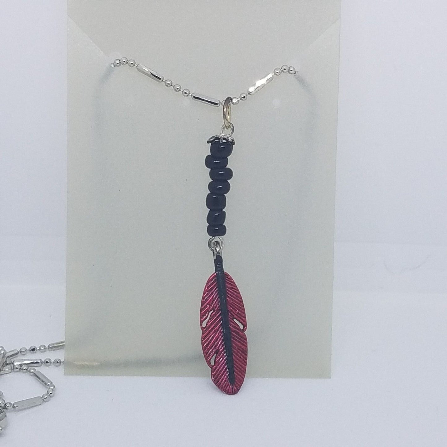 Necklace 1" Painted Red Feather Charm Black Beads Silver Chain