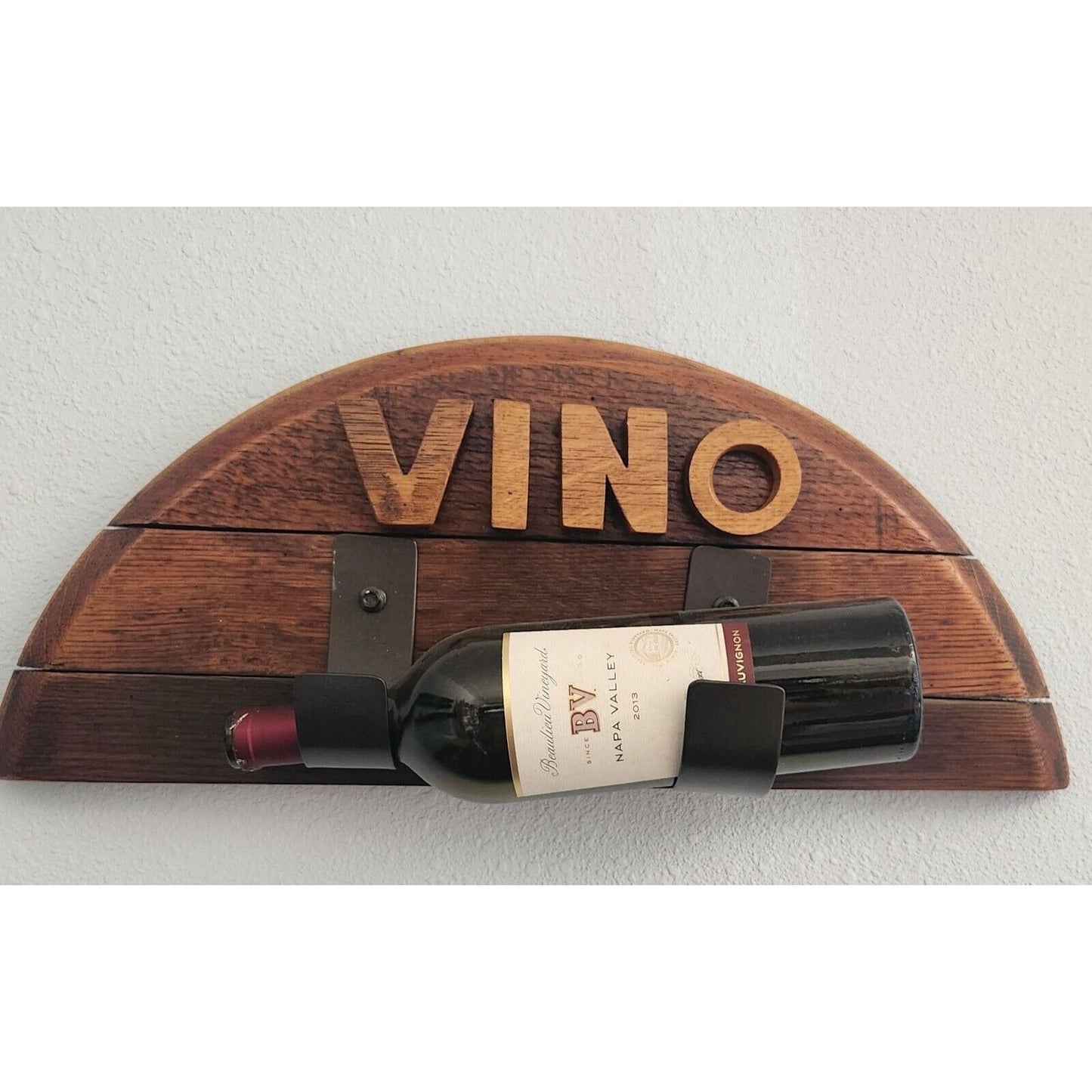 Wine Bottle Holder Says " Vino" Made from Barrel Stave Ring Bottle not included