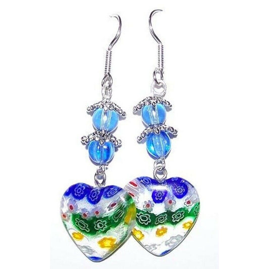 Earrings Heart Shaped Glass Blue Green Yellow Flowers Blue Silver Beads 2" Long