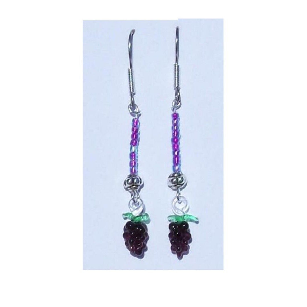 Earrings Mini Purple Glass Grape Cluster Purple Silver Bead Sterling Wire 1 1/2"