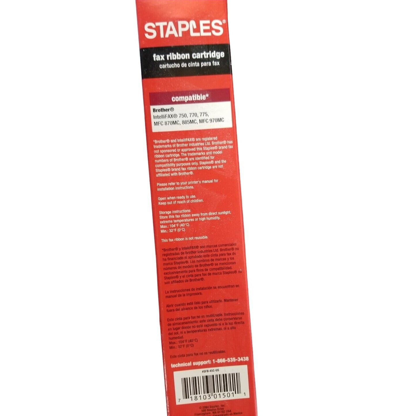 Staples fax ribbon cartridge model #SFB-45C(compatible with Brother PC301