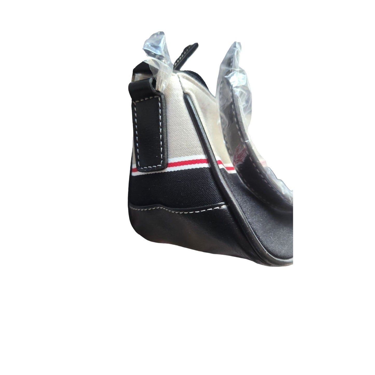 Purse Bag Black Grey Red  Zip Top Inside Zip Pocket  10 " x 4" x 4 1/2"  20" Handle Green Lining