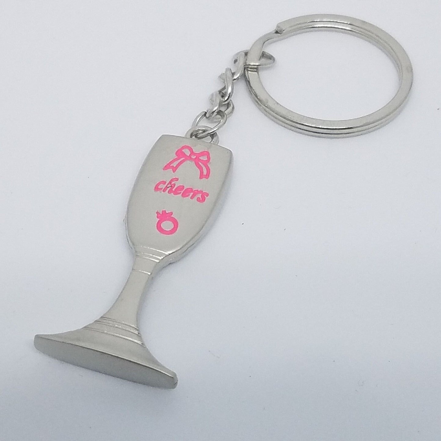 Key Chain Wine Glass Shaped Pink Accent Bow Cheers Female Sign Gift Wedding 2"