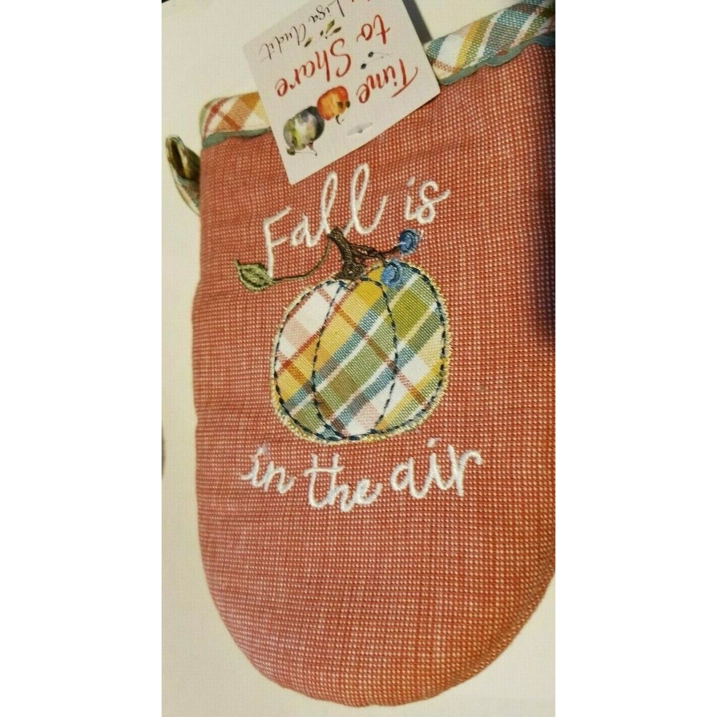 Kitchen Grabber Mitt Brown Fall is in the Air Plaid Hanging Loop Embroidered