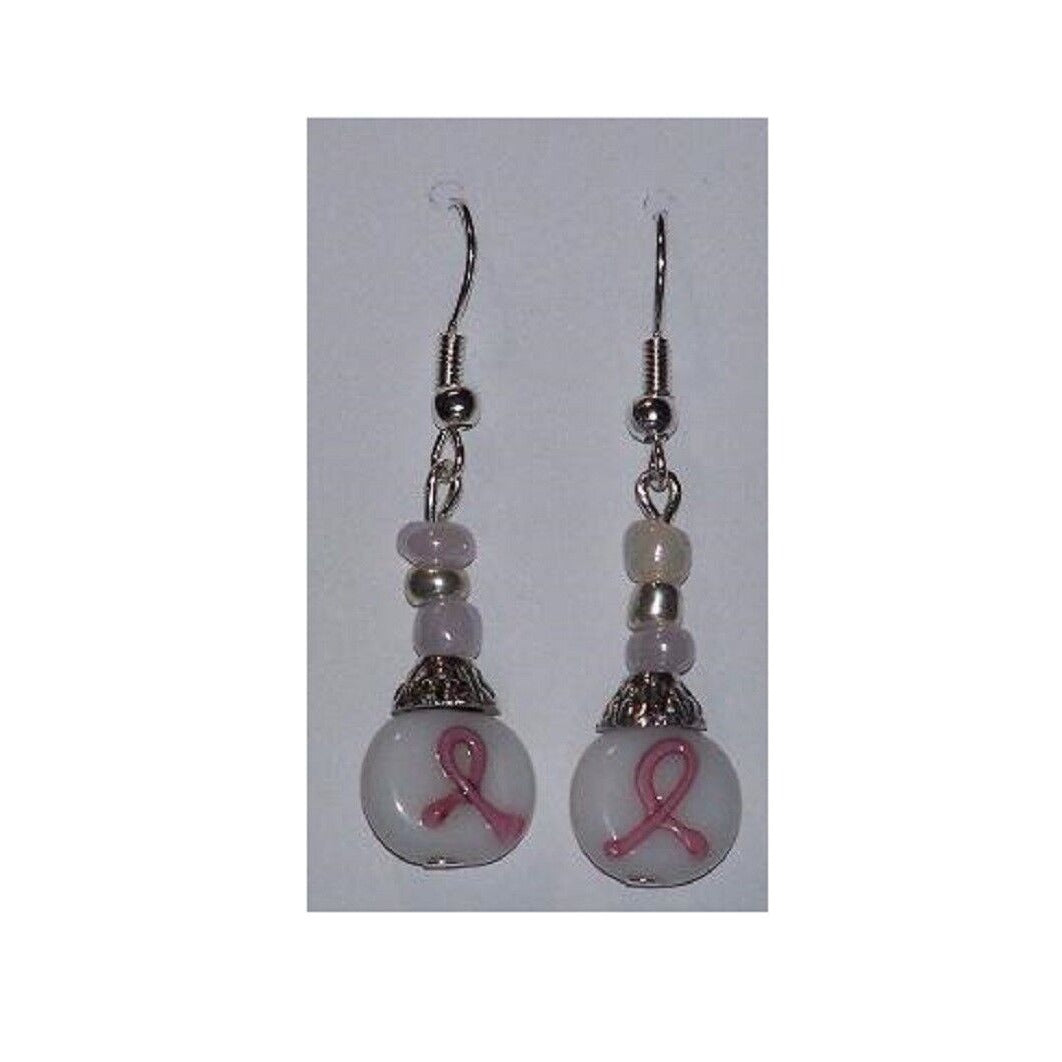 Earrings Pink Ribbon White Beads White Silver Beads Sterling Wire 1 1/2" Long