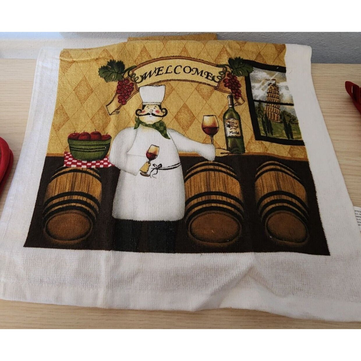 Kitchen Towel 5 Piece Set Welcome Chef   2 Towels  2 Pot Holders, 1 Oven Mitt