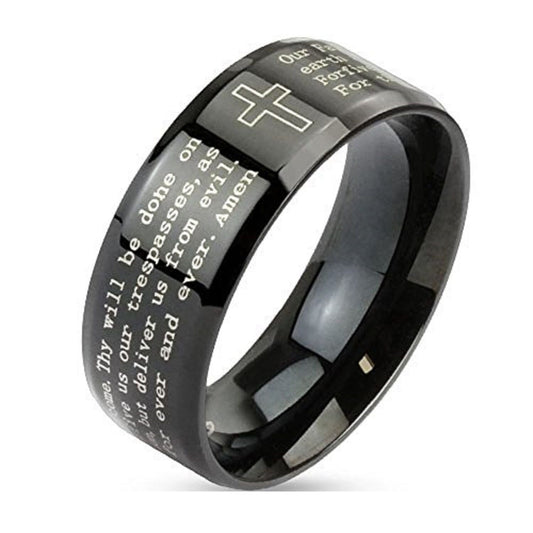 Ring Size 11 Stainless Steel Black IP with Outlined Cross  Lord's Prayer Beveled