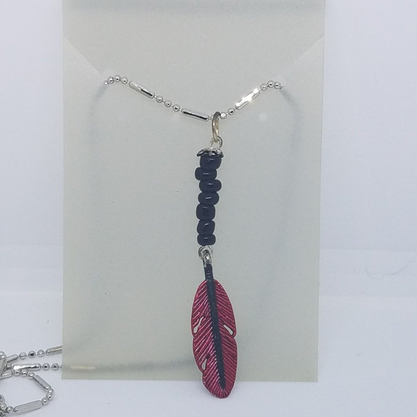 Necklace 1" Painted Red Feather Charm Black Beads Silver Chain