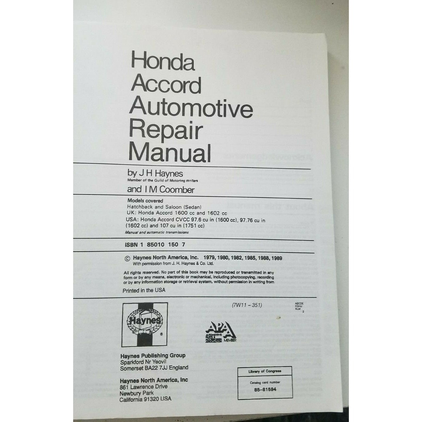 1976 - 1983  Haynes Honda Accord All Models Automotive Repair Manual