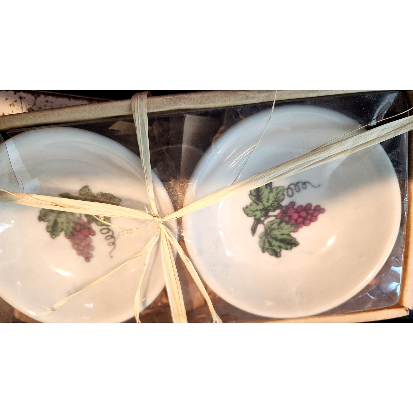Oil & Vinegar Dipping Bowls set of 2 Grape Cluster White Ceramic 4" Wide Boxed