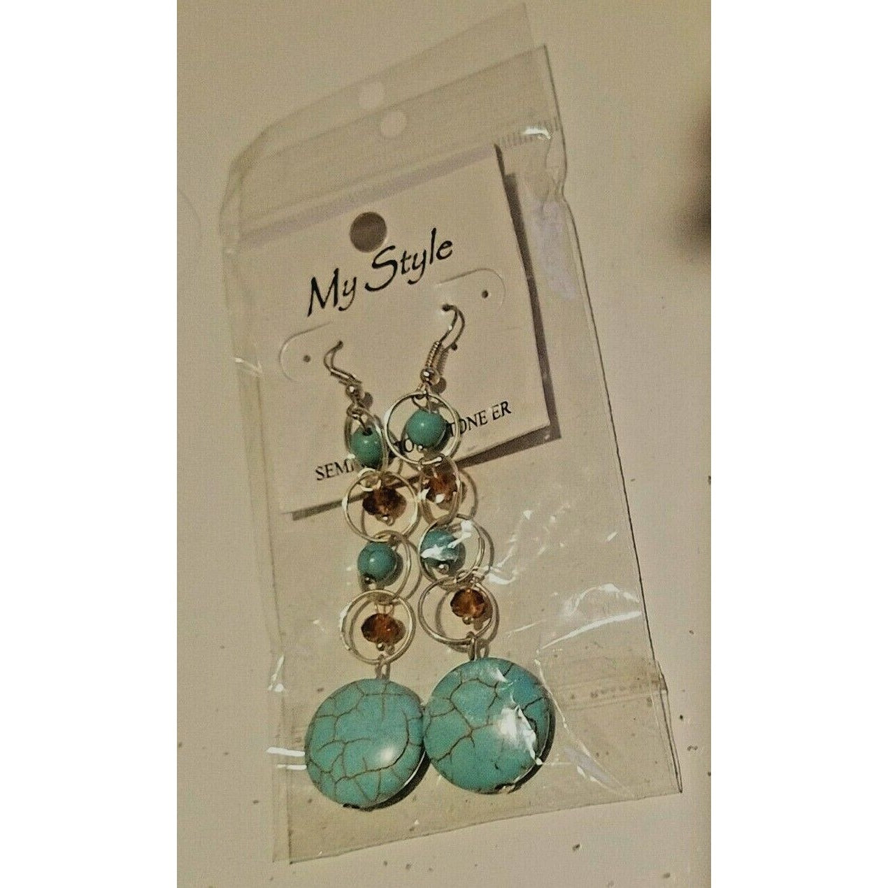 Earrings Costume Jewelry Turquoise color Stones Silver Hooks 3" Long