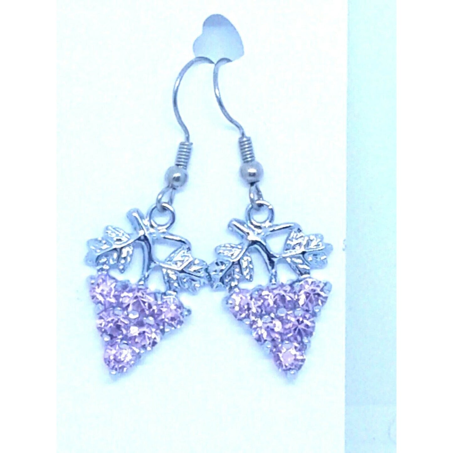 Earrings Pink Crystal Grape Cluster Leaves Vines 1" Long Sterling Wires