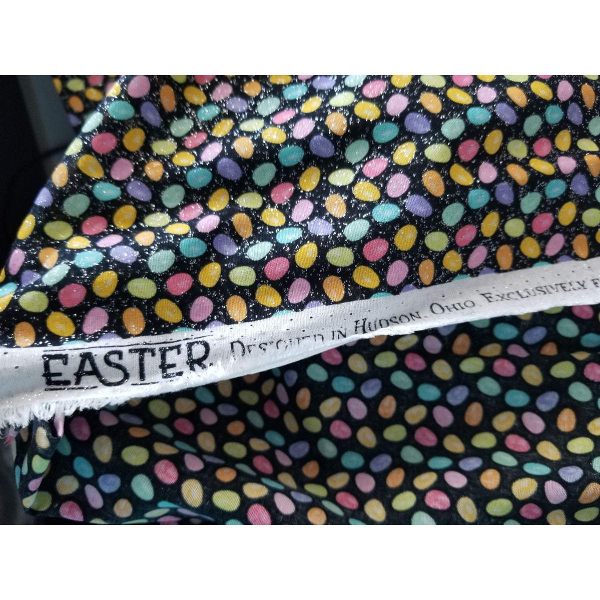 Material  Cotton Black Fabric Holiday Easter Eggs Small Sparkle Eggs Blue  Pink Yellow Orange Hudson For JoAnn 36 "x 36"