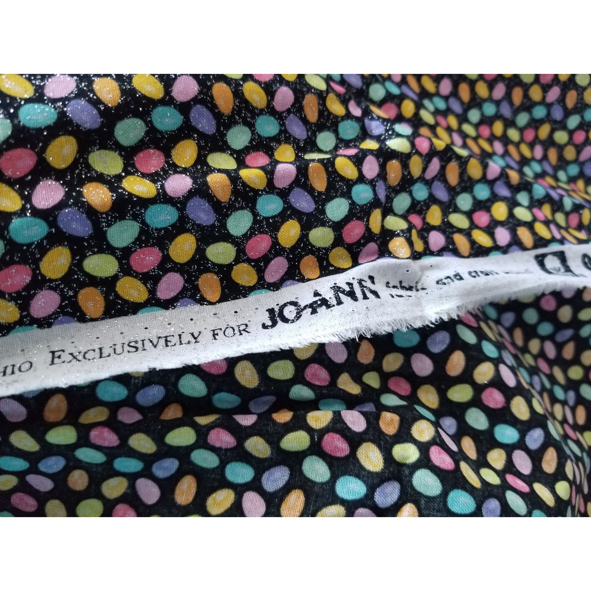 Material  Cotton Black Fabric Holiday Easter Eggs Small Sparkle Eggs Blue  Pink Yellow Orange Hudson For JoAnn 36 "x 36"
