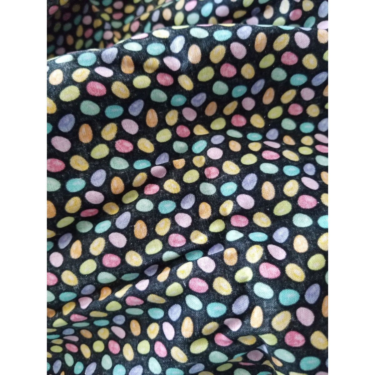 Material  Cotton Black Fabric Holiday Easter Eggs Small Sparkle Eggs Blue  Pink Yellow Orange Hudson For JoAnn 36 "x 36"