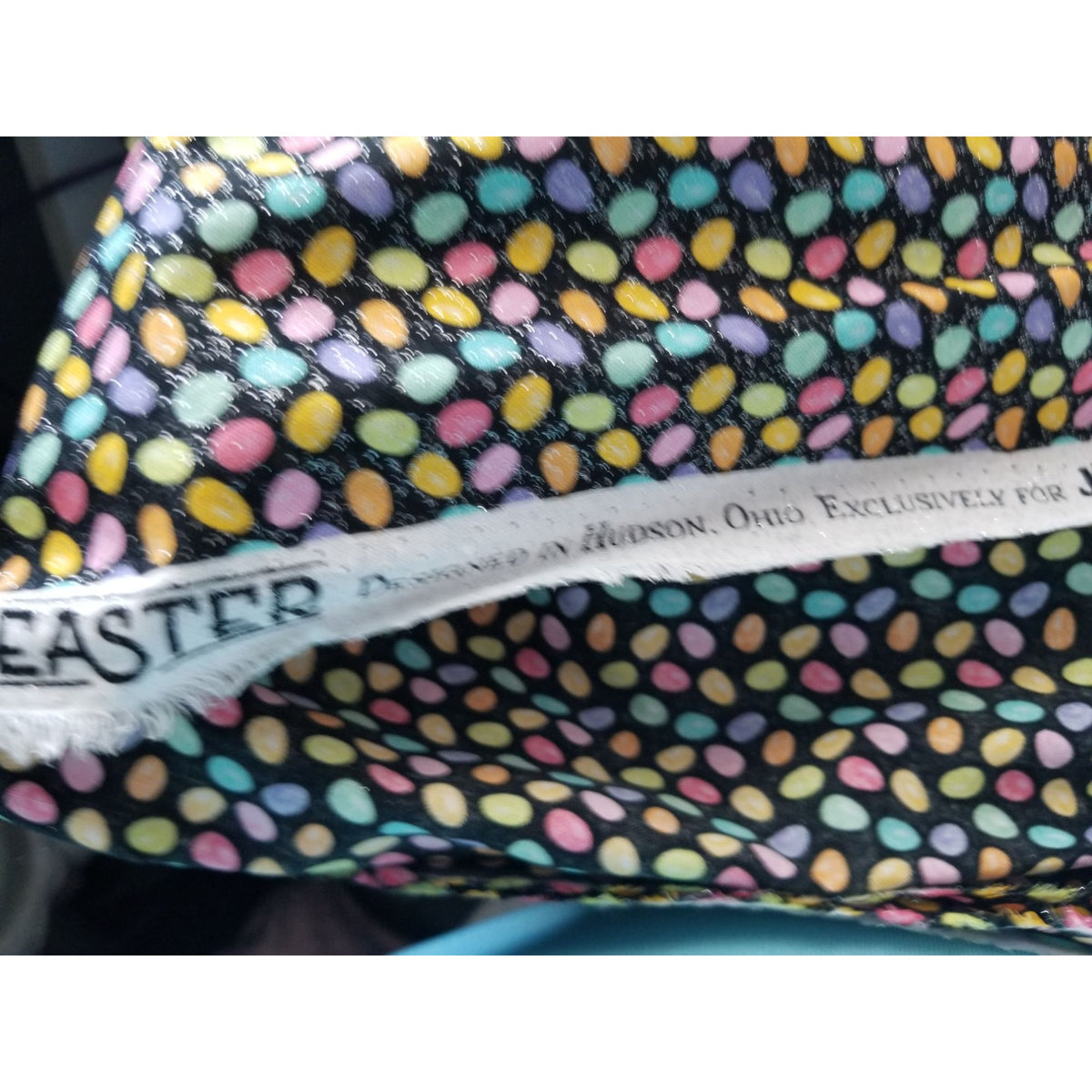 Material  Cotton Black Fabric Holiday Easter Eggs Small Sparkle Eggs Blue  Pink Yellow Orange Hudson For JoAnn 36 "x 36"