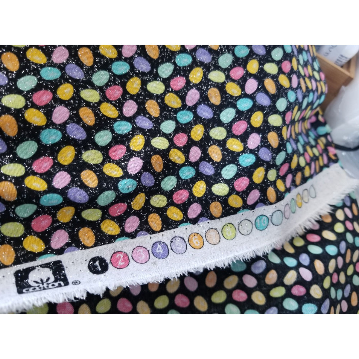 Material  Cotton Black Fabric Holiday Easter Eggs Small Sparkle Eggs Blue  Pink Yellow Orange Hudson For JoAnn 36 "x 36"