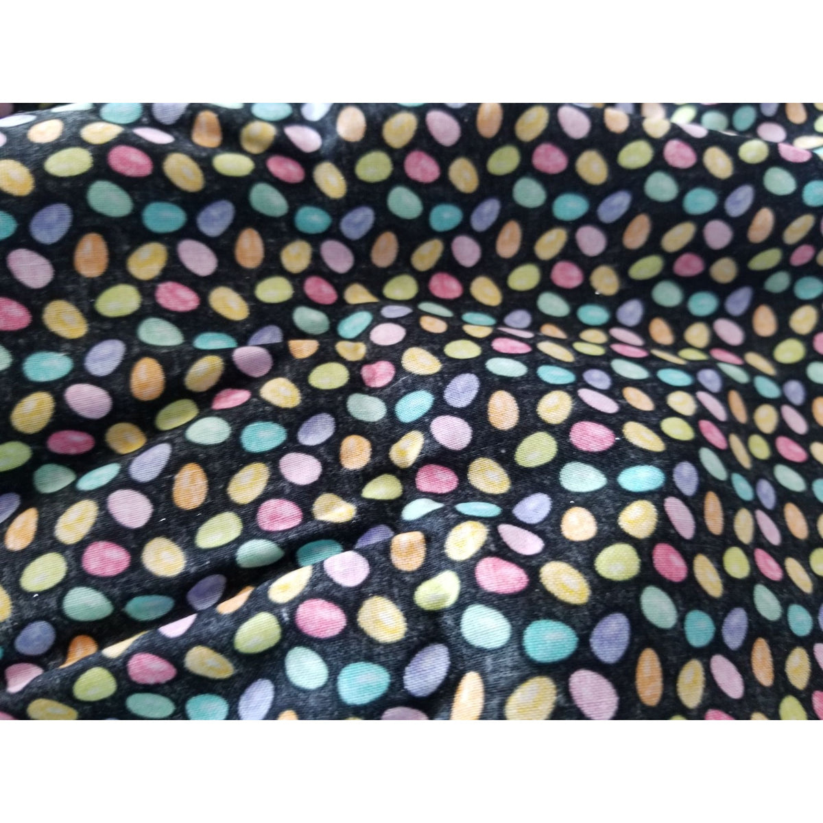 Material  Cotton Black Fabric Holiday Easter Eggs Small Sparkle Eggs Blue  Pink Yellow Orange Hudson For JoAnn 36 "x 36"