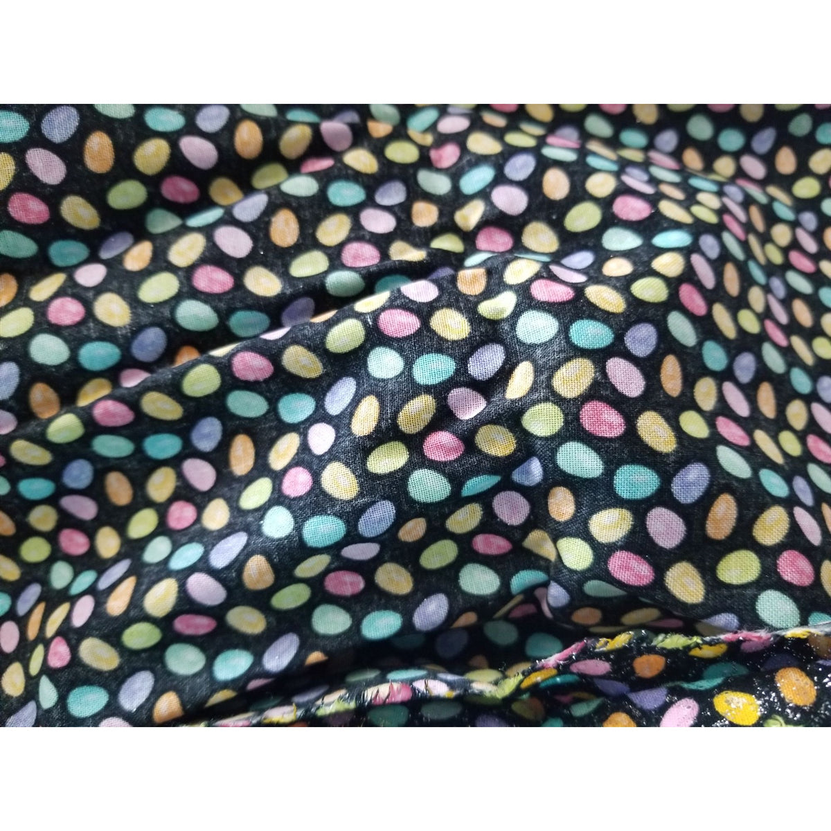 Material  Cotton Black Fabric Holiday Easter Eggs Small Sparkle Eggs Blue  Pink Yellow Orange Hudson For JoAnn 36 "x 36"