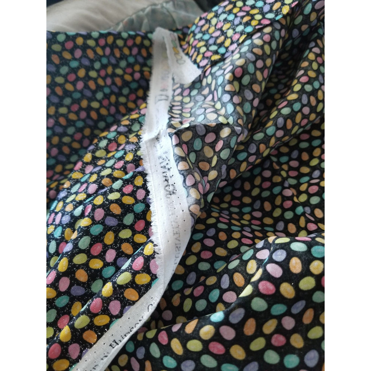 Material  Cotton Black Fabric Holiday Easter Eggs Small Sparkle Eggs Blue  Pink Yellow Orange Hudson For JoAnn 36 "x 36"
