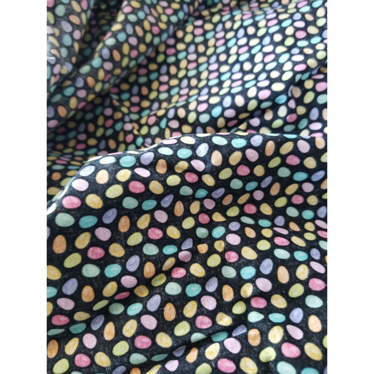 Material  Cotton Black Fabric Holiday Easter Eggs Small Sparkle Eggs Blue  Pink Yellow Orange Hudson For JoAnn 36 "x 36"
