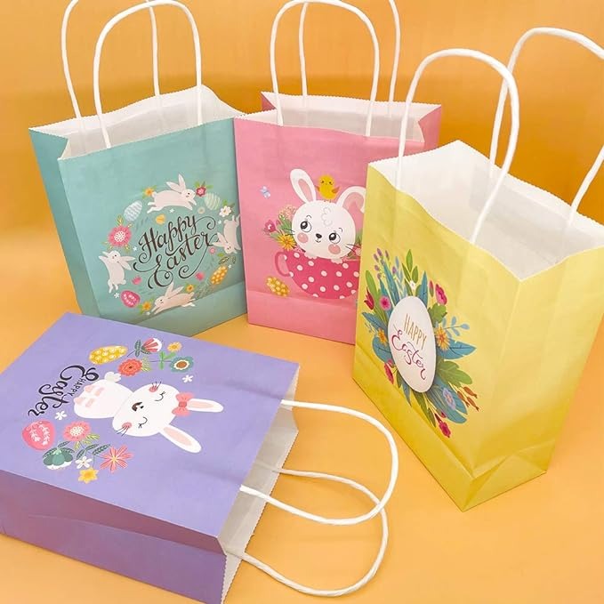 20 Pieces Happy Easter Day Treat Bags with Handles Large Goodie Gift Bags Recycled Cardboard Bags for Kids School Classroom Party Favor Supp