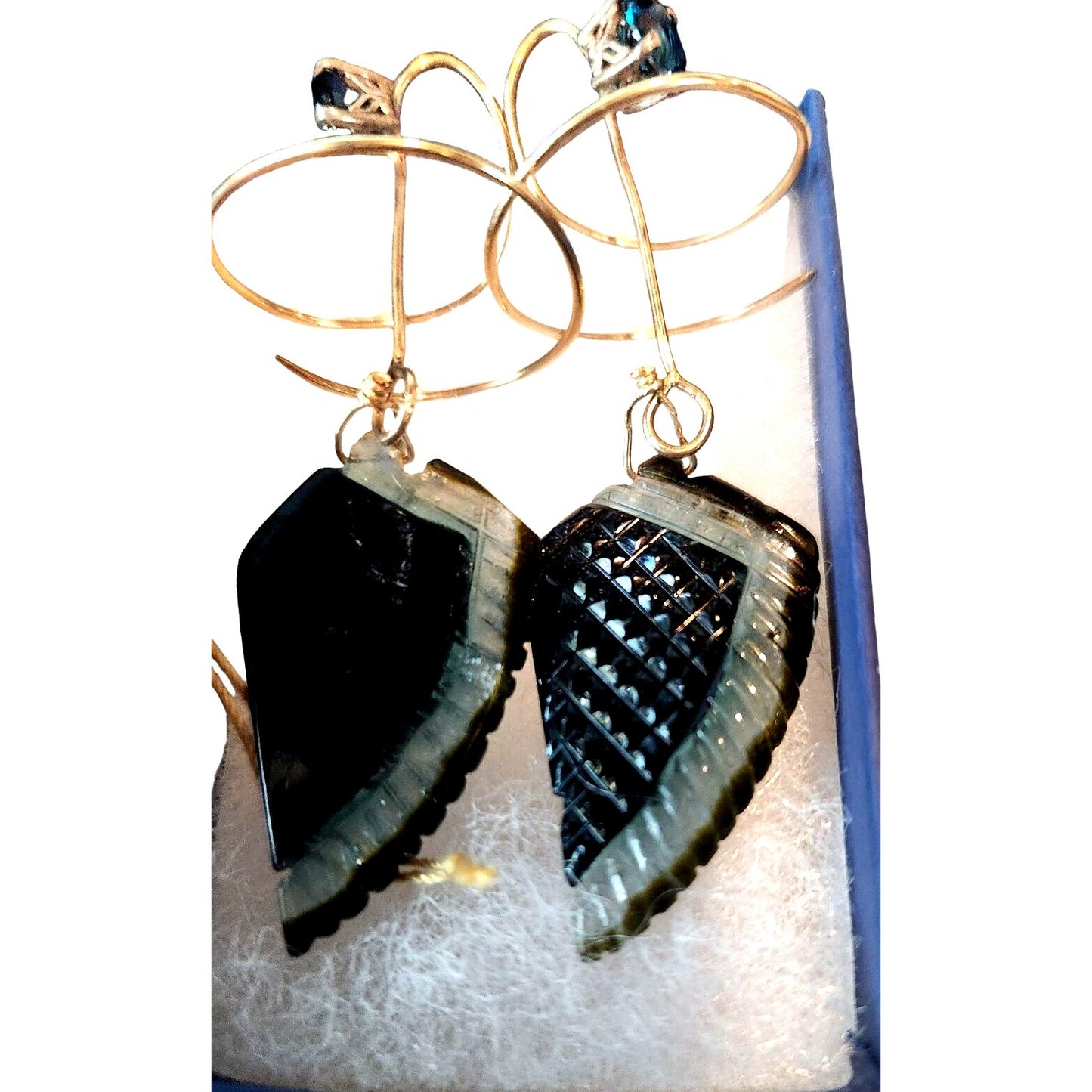 Earrings Feather Shaped Carved Tourmaline 5 mm Square Sapphire 14K Gold 8.9 gr