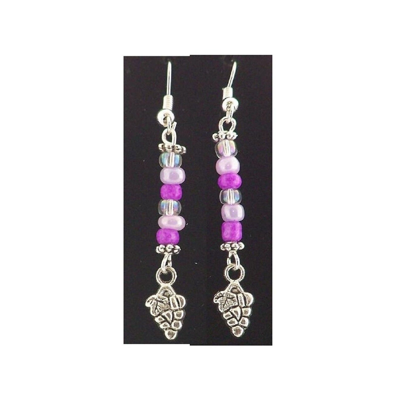 Earrings Small Grape Cluster Wine Charm Sterling Wire Pink & Clear Beads 2"