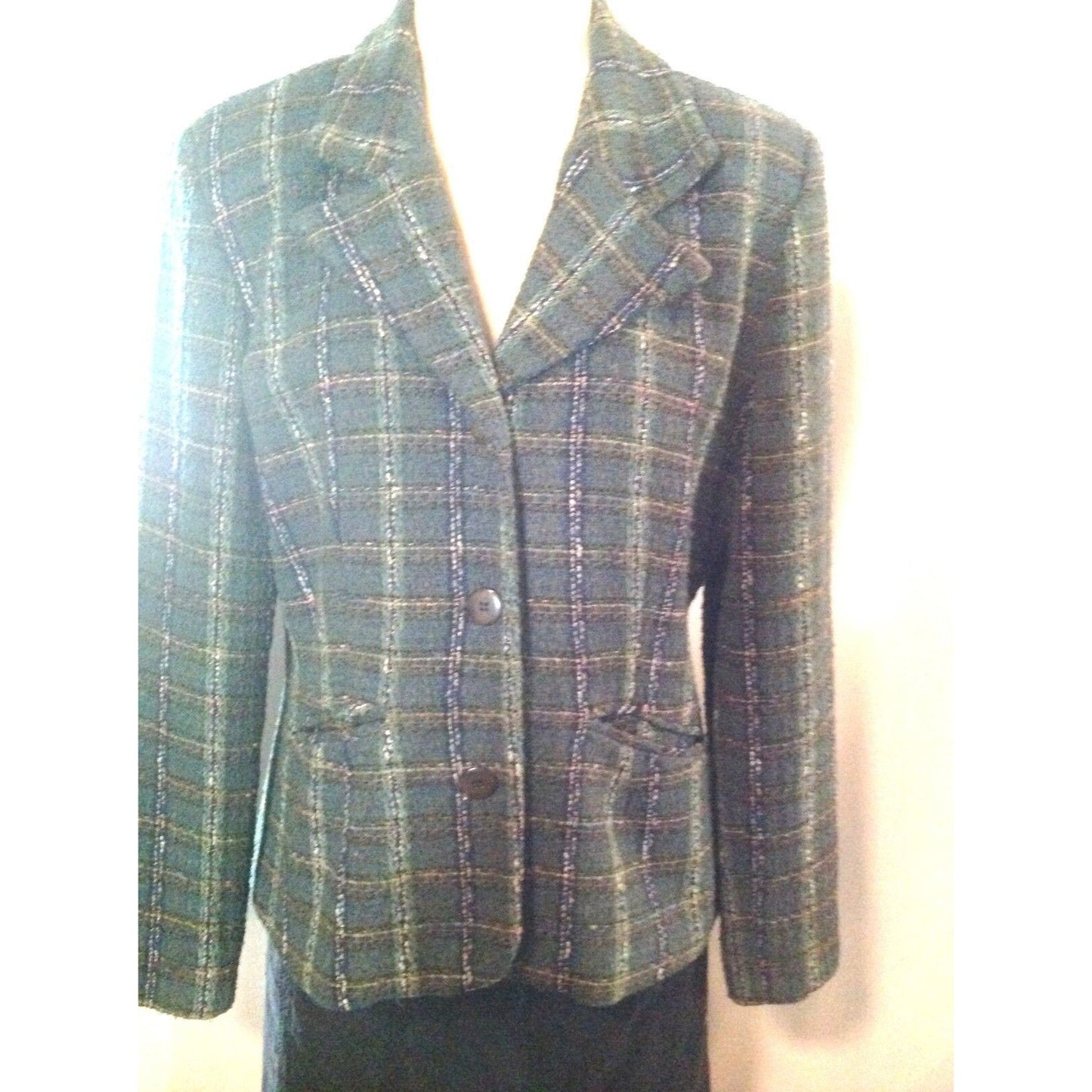 Jacket Women Hillard & Hanson Size 14 Green Plaid 3 Button Collar Long Sleeves