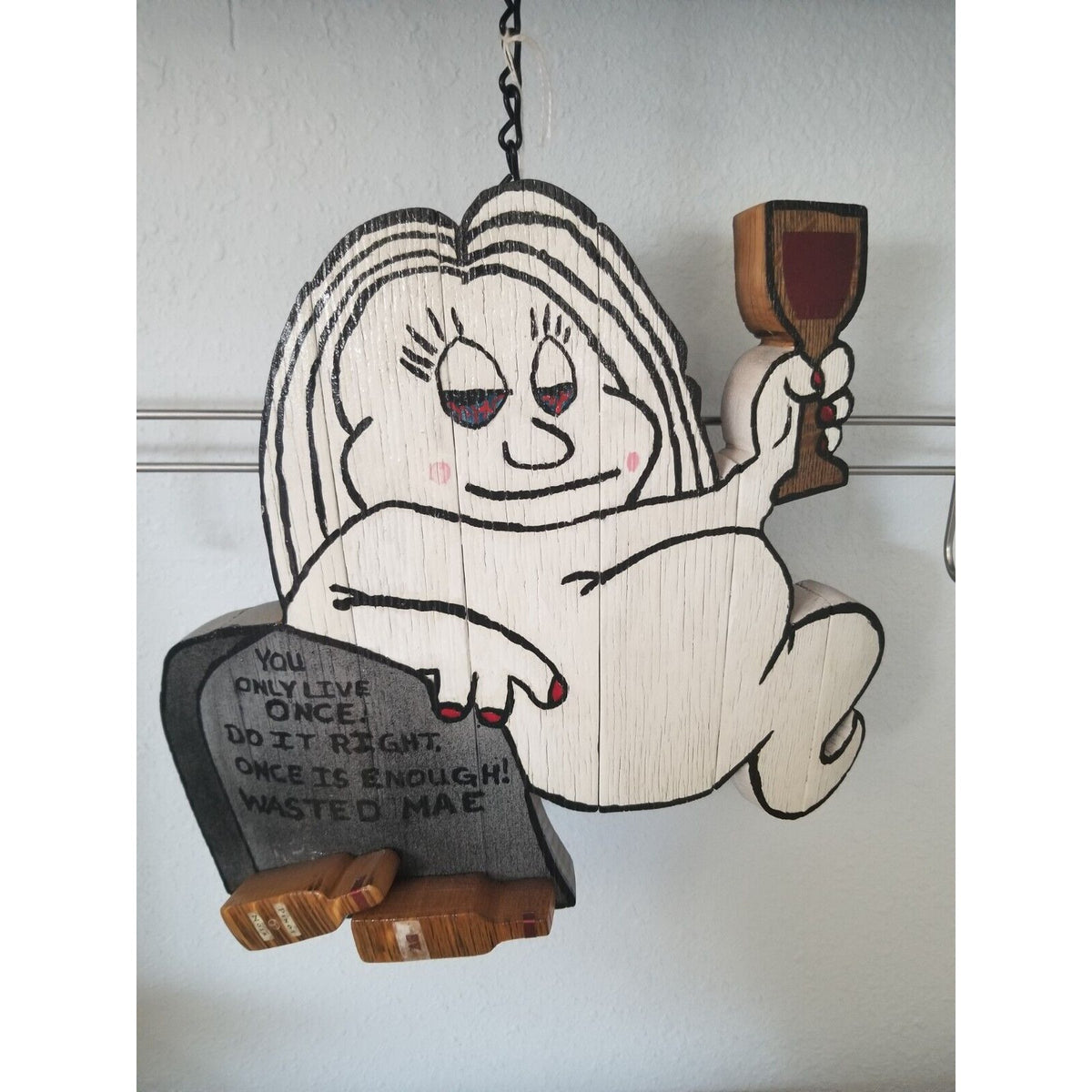 Wood Sign Halloween Wasted Mae Wine Bottle Ghost Red Wine Glass Live once Hanger