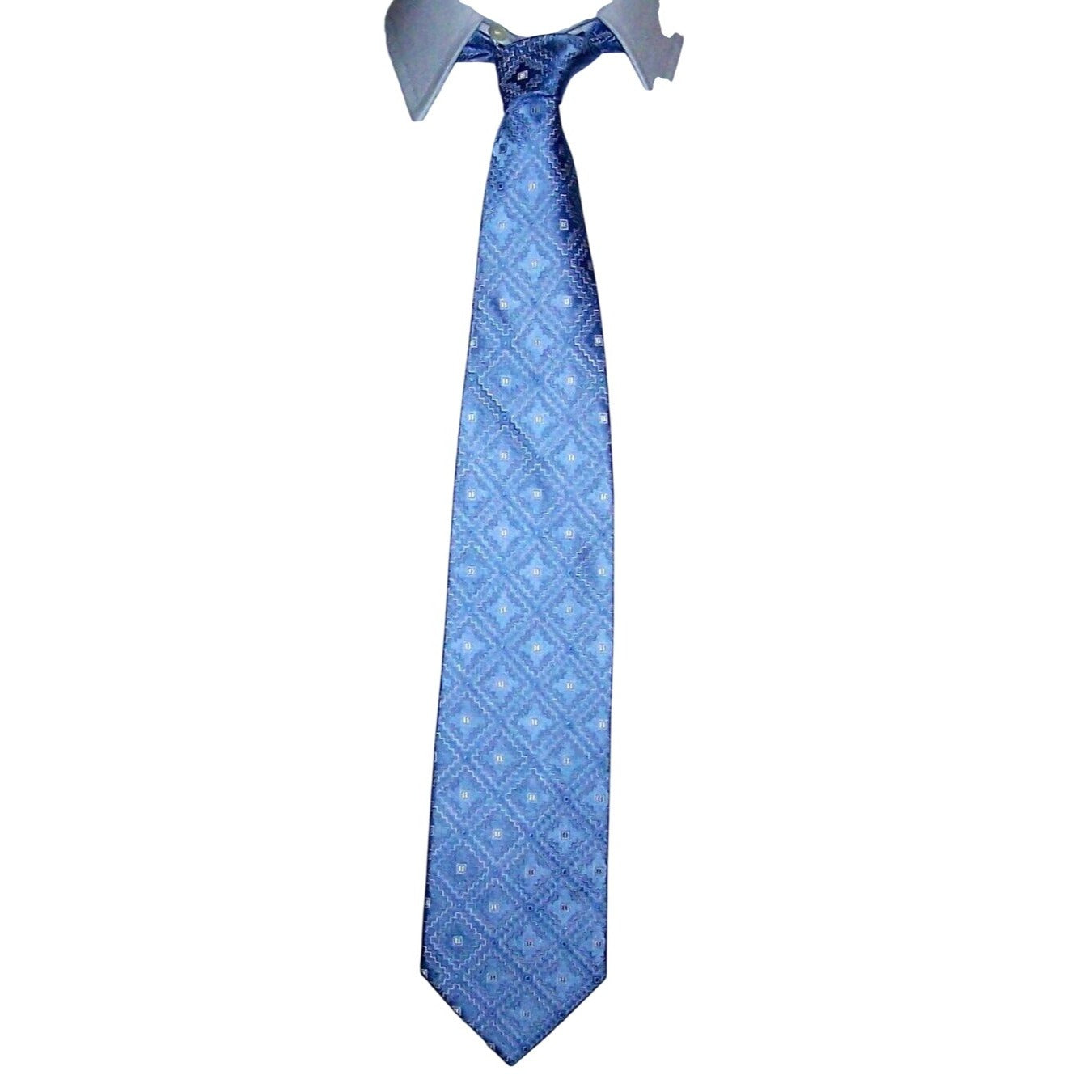 Tie Men's 100 % Silk  Neck Tie Hand Made Courage Blue Geometric Shapes in White