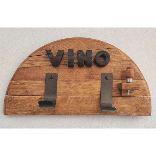 Wine Bottle Holder Says " Vino" with Bottle Stopper Made from Barrel Stave Ring