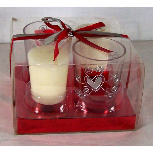 Candle Silver Hearts Votive Candle & Holder set  2 Holders Red Boxed Ribbon Love