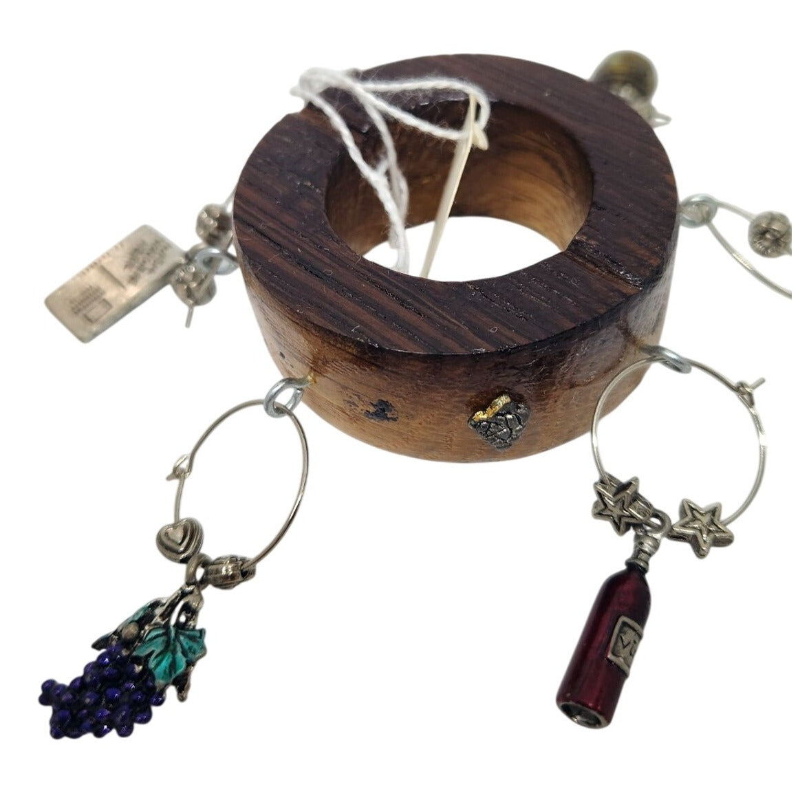 Wine Bottle Charm Set  6 Gold Color Painted Metal Charm Glass Bead on Wine Stave