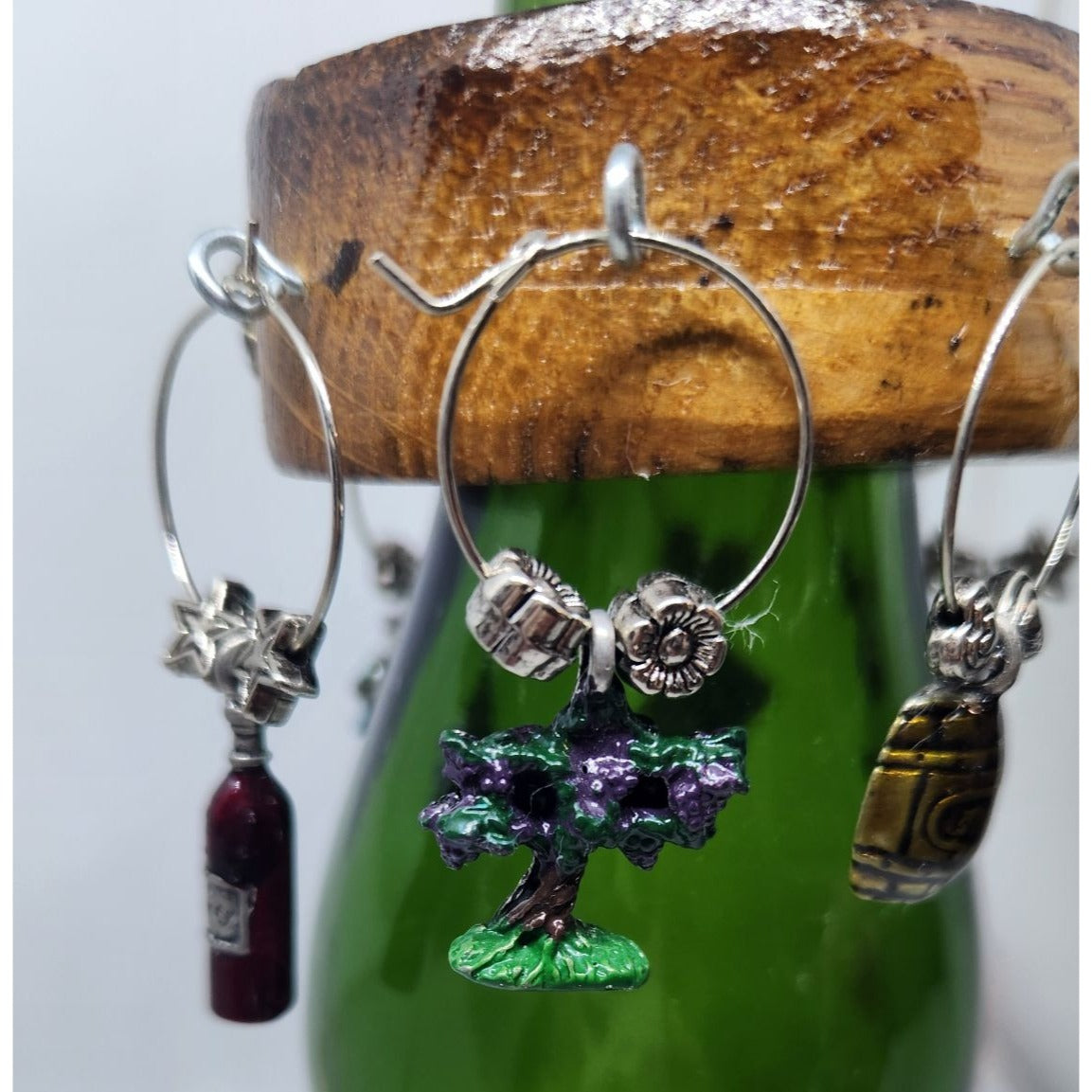 Wine Bottle Charm Set  6 Gold Color Painted Metal Charm Glass Bead on Wine Stave