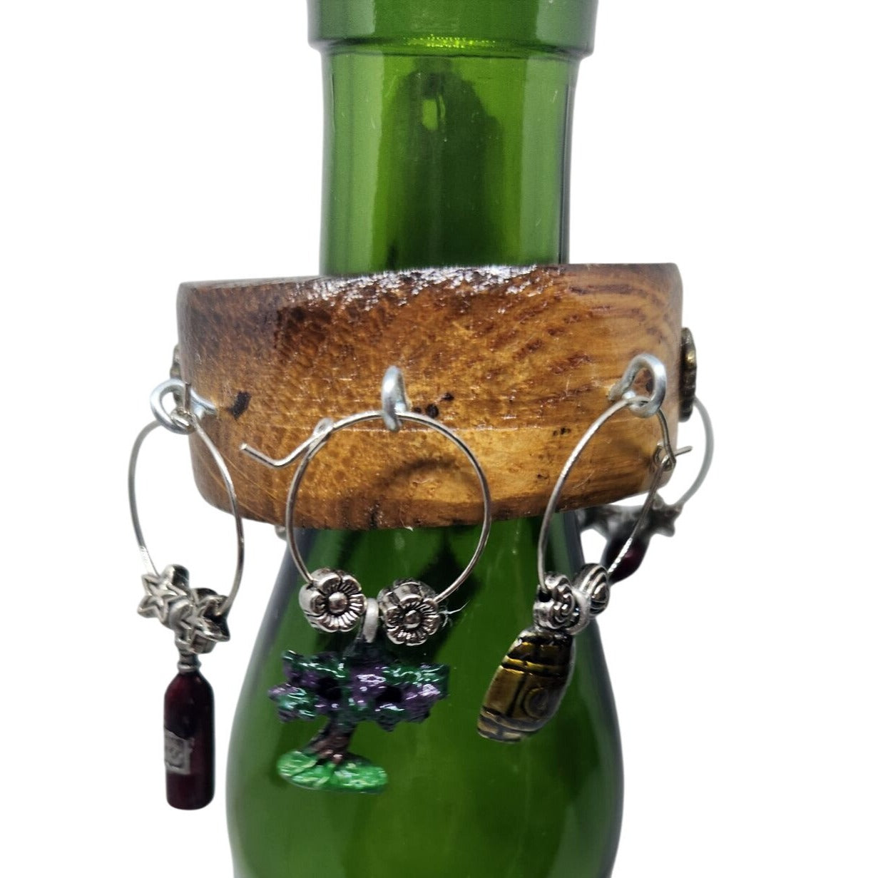 Wine Bottle Charm Set  6 Gold Color Painted Metal Charm Glass Bead on Wine Stave