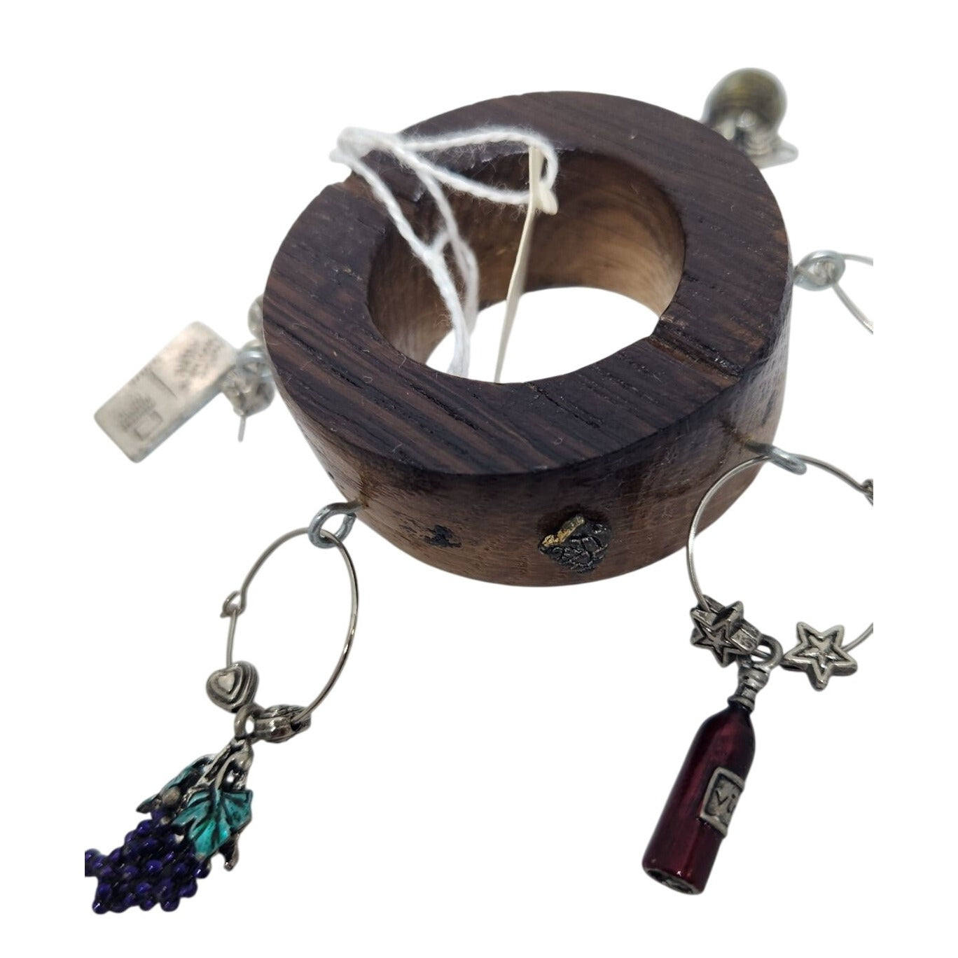 Wine Bottle Charm Set  6 Gold Color Painted Metal Charm Glass Bead on Wine Stave