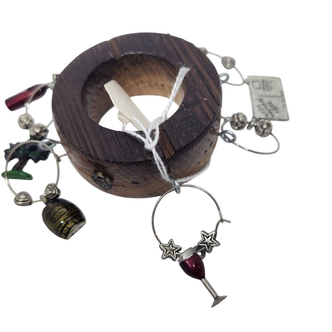 Wine Bottle Charm Set  6 Gold Color Painted Metal Charm Glass Bead on Wine Stave