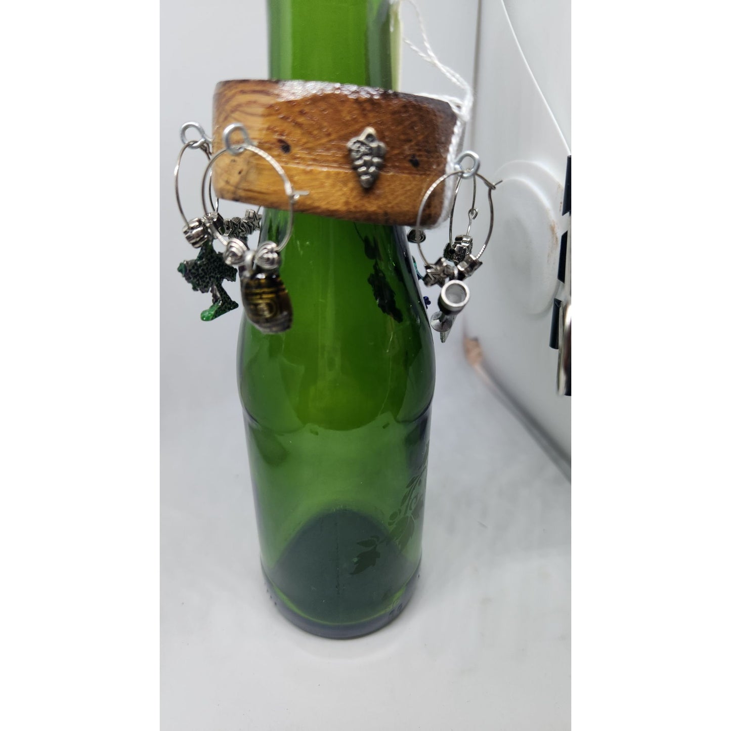 Wine Bottle Charm Set  6 Gold Color Painted Metal Charm Glass Bead on Wine Stave