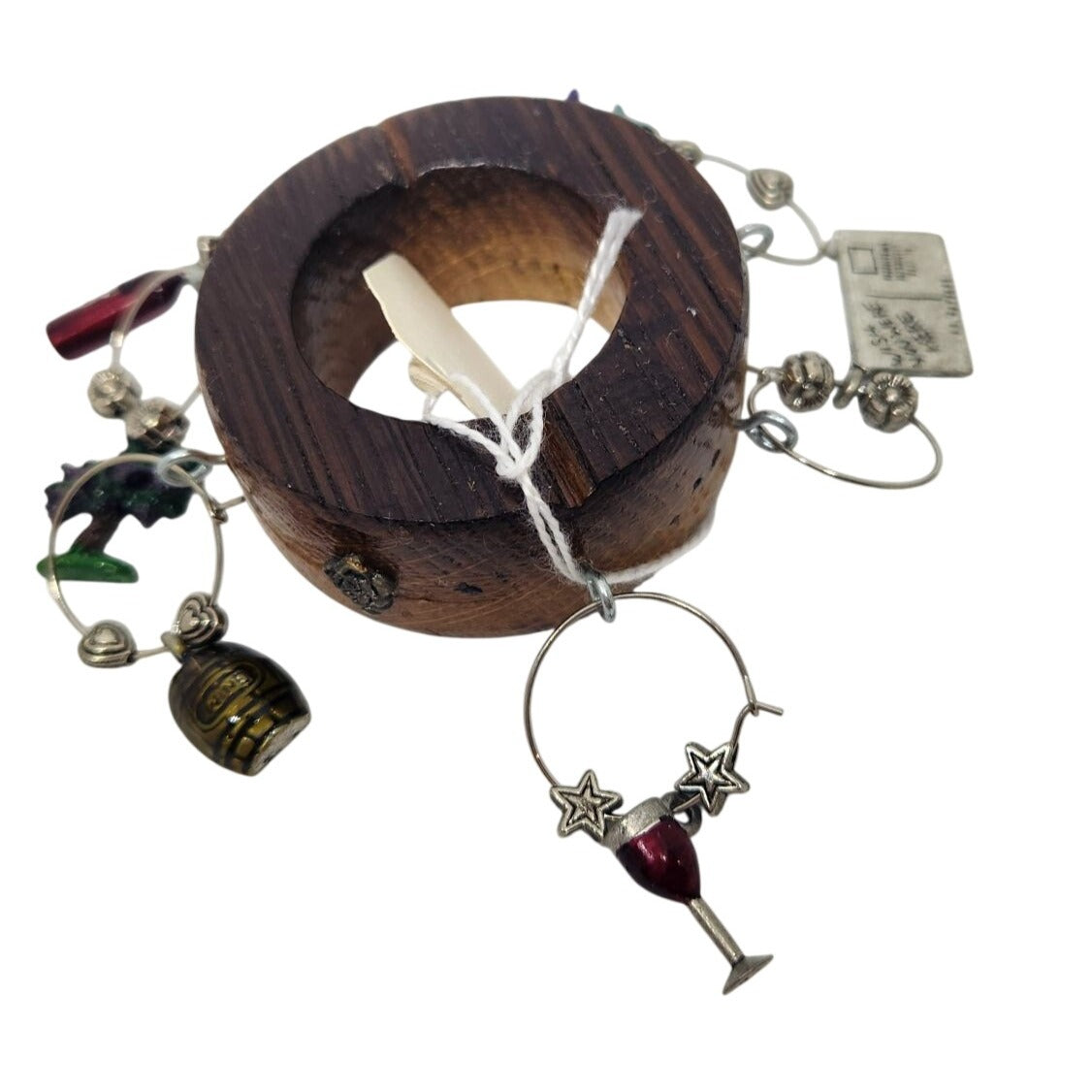 Wine Bottle Charm Set  6 Gold Color Painted Metal Charm Glass Bead on Wine Stave