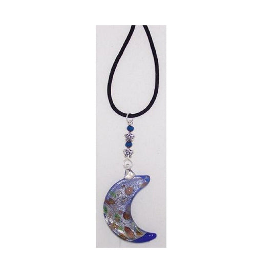 Necklace Blue Gold White Crescent Moon Glass Bead Blue Tip Black Velvet Cord