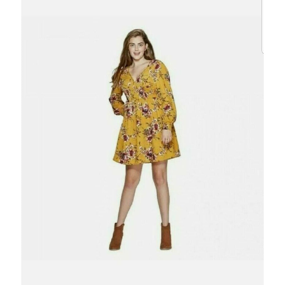 Dress Xhilaration Women's Size L Mustard Floral Print Long Sleeve Square Neck