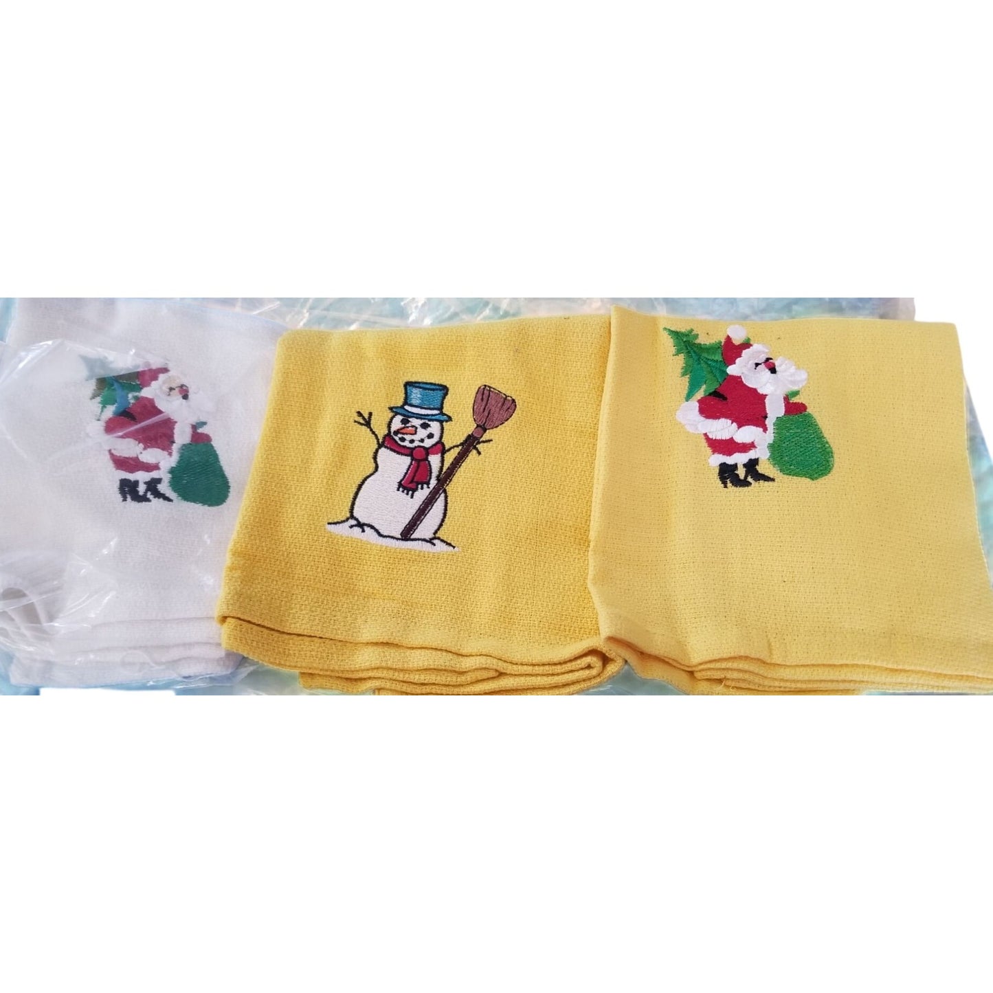 Kitchen Towel Embroidered 100%  Set 3 Cotton 2 Yellow 1 White  Holiday Santa Snowman  15 x 21