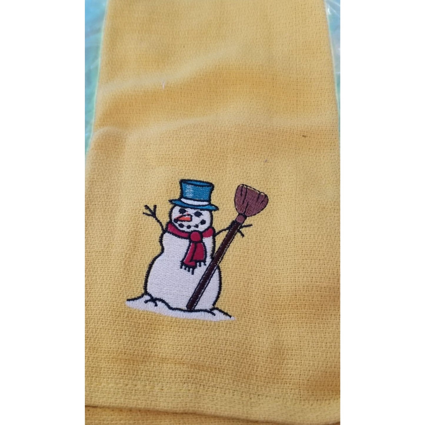 Kitchen Towel Embroidered 100%  Set 3 Cotton 2 Yellow 1 White  Holiday Santa Snowman  15 x 21