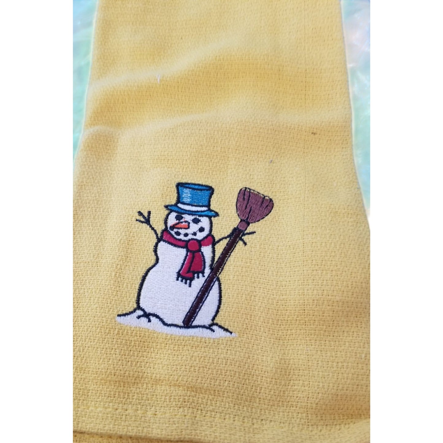 Kitchen Towel Embroidered 100%  Set 3 Cotton 2 Yellow 1 White  Holiday Santa Snowman  15 x 21